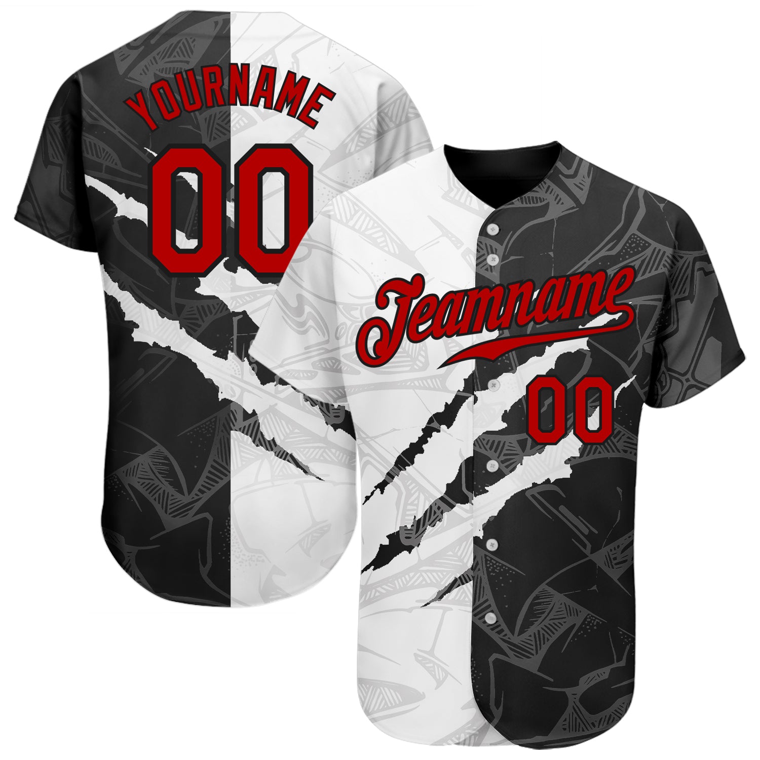 Customizable Red-Black Graffiti Pattern 3D Scratch Baseball Jersey with Team Name & Number - Authentic Design Personalized