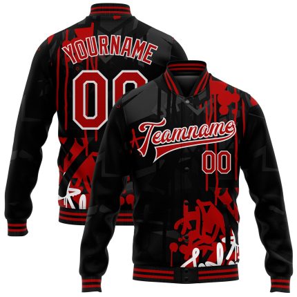 Personalized Urban Street Art Red-Black Graffiti 3D Bomber Full-Snap Varsity Jacket Personalized Graffiti Pattern Red-Black