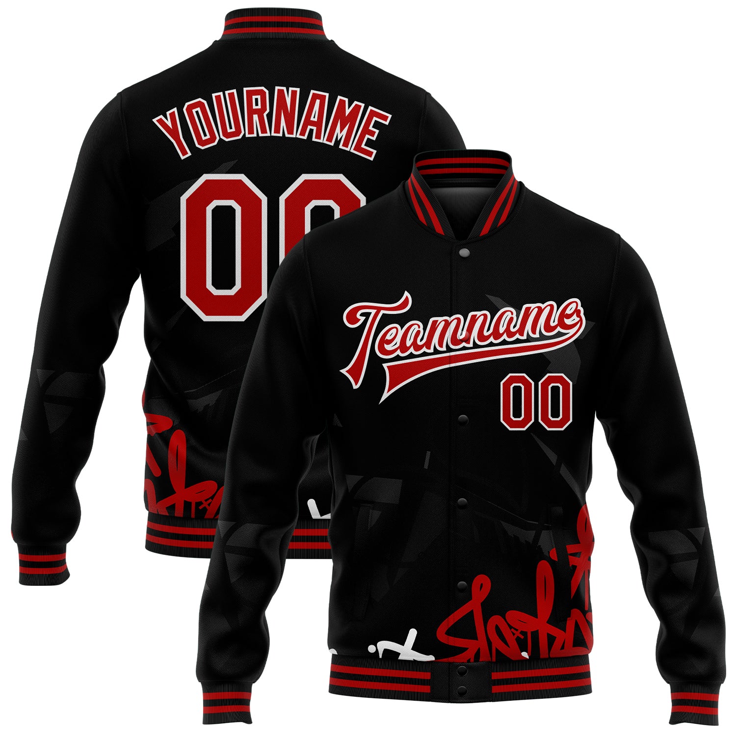 Custom Urban Street Art Red-Black Graffiti Pattern 3D Bomber Varsity Jacket with Team Name and Number Full-Snap Design Personalized