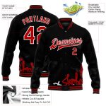Custom Urban Street Art Red-Black Graffiti Pattern 3D Bomber Varsity Jacket with Team Name and Number Full-Snap Design Personalized