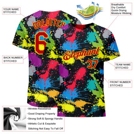 Custom Name and Number Red-Gold 3D Colorful Graffiti Pattern Splattered Messy Art Ink T-Shirt Performance Design Personalized