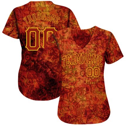 Custom Graffiti Pattern Baseball Jersey 3D Fire Red-Gold with Personalized Name and Number Personalized Graffiti Pattern