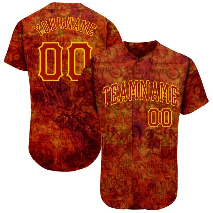 Custom Graffiti Pattern Baseball Jersey 3D Fire Red-Gold with Personalized Name and Number Personalized Graffiti Pattern
