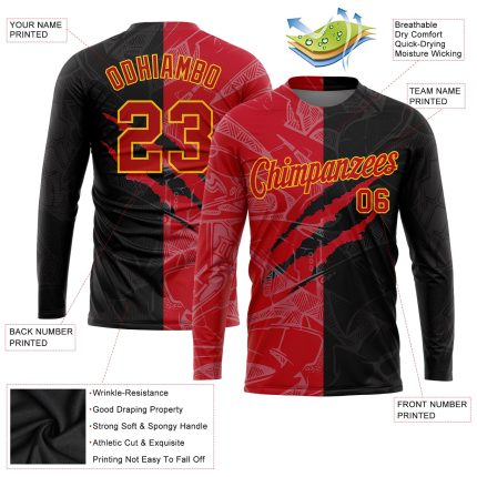 Custom Name and Number Red-Gold 3D Graffiti Long Sleeve Performance T-Shirt Personalized Graffiti Pattern Red-Gold Scratch