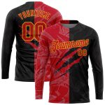 Custom Name and Number Red-Gold 3D Graffiti Long Sleeve Performance T-Shirt Personalized Graffiti Pattern Red-Gold Scratch
