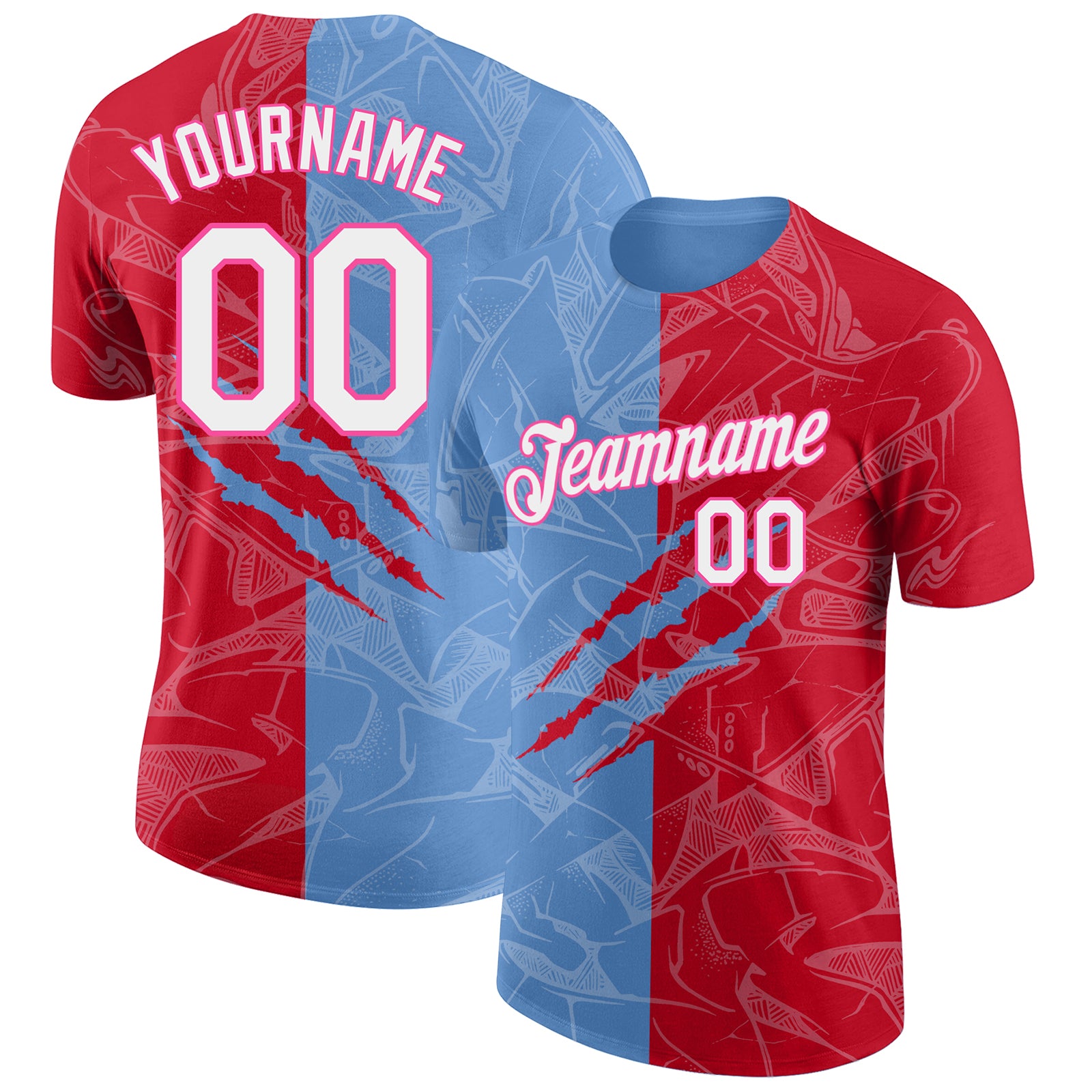 Custom Name and Number 3D Performance T-Shirt with Personalized Graffiti Pattern in Red Light Blue Pink Personalized Graffiti