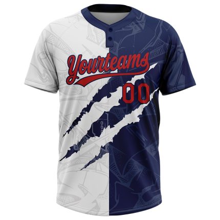 Custom Name and Number Personalized Graffiti Pattern 3D Unisex Softball Jersey Red-Navy, Two-Button Design Personalized Graffiti