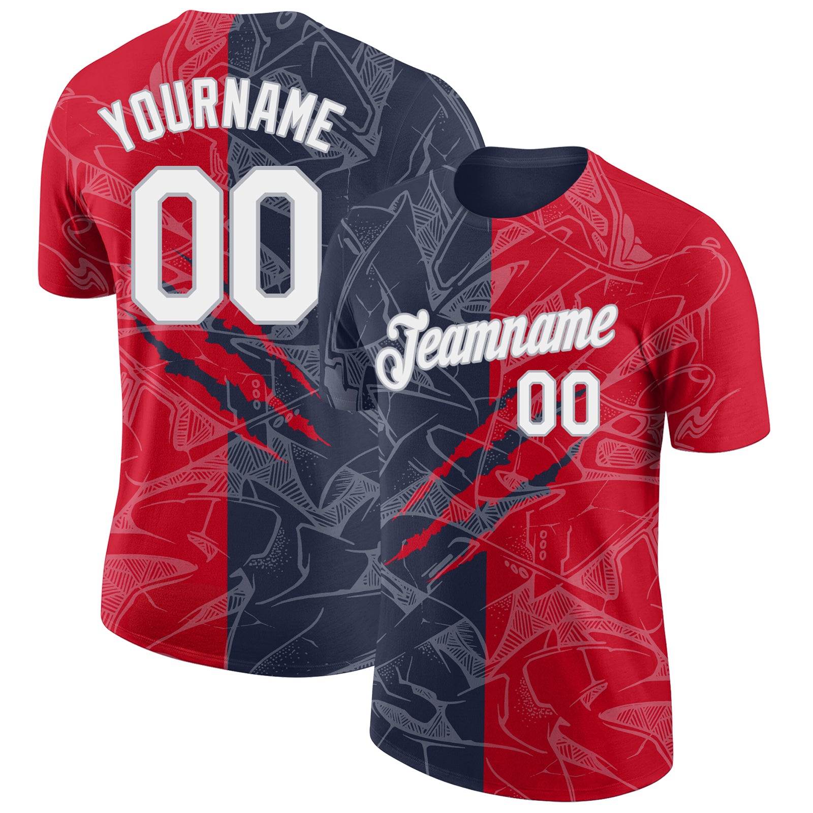 Custom Team Name and Number 3D Performance T-Shirt Red Navy Gray Graffiti Pattern Personalized Graffiti Pattern Red Navy-Gray