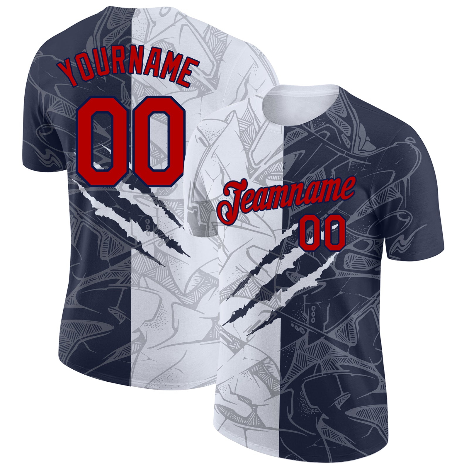 Custom Name and Number Personalized 3D Performance T-Shirt Red-Navy Graffiti Pattern for Team Personalized Graffiti Pattern
