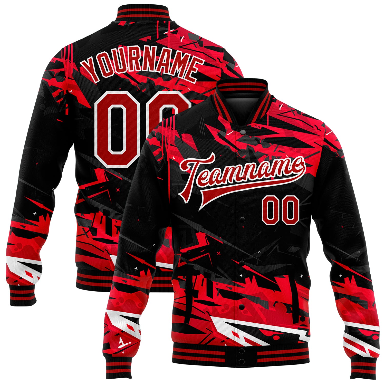 Custom Name Number Urban Street Art 3D Graffiti Pattern Bomber Jacket Red White Black Varsity Full-Snap Letterman Jacket