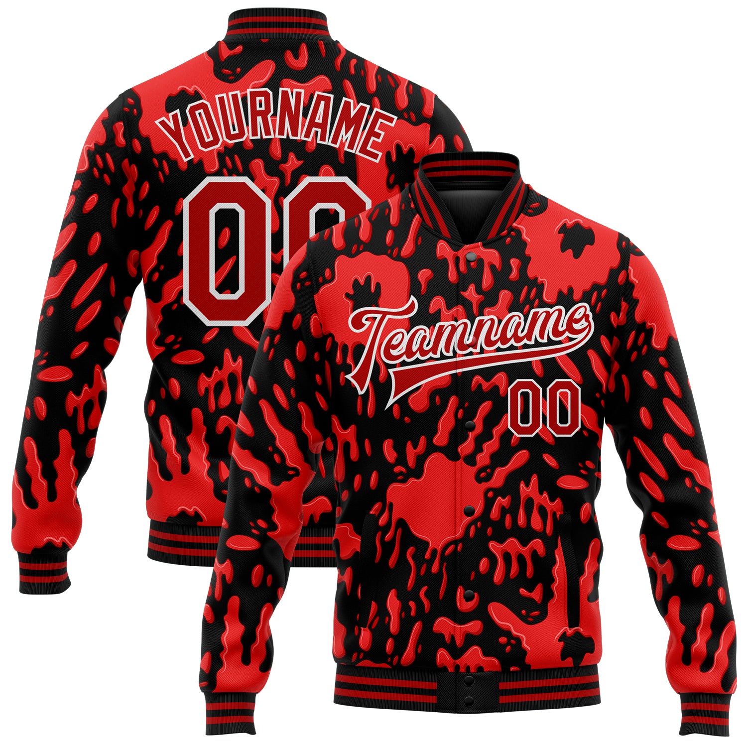 Custom Graffiti Pattern Red-White 3D Hand Painted Bomber Jacket with Team Name & Number - Full-Snap Varsity Letterman Style