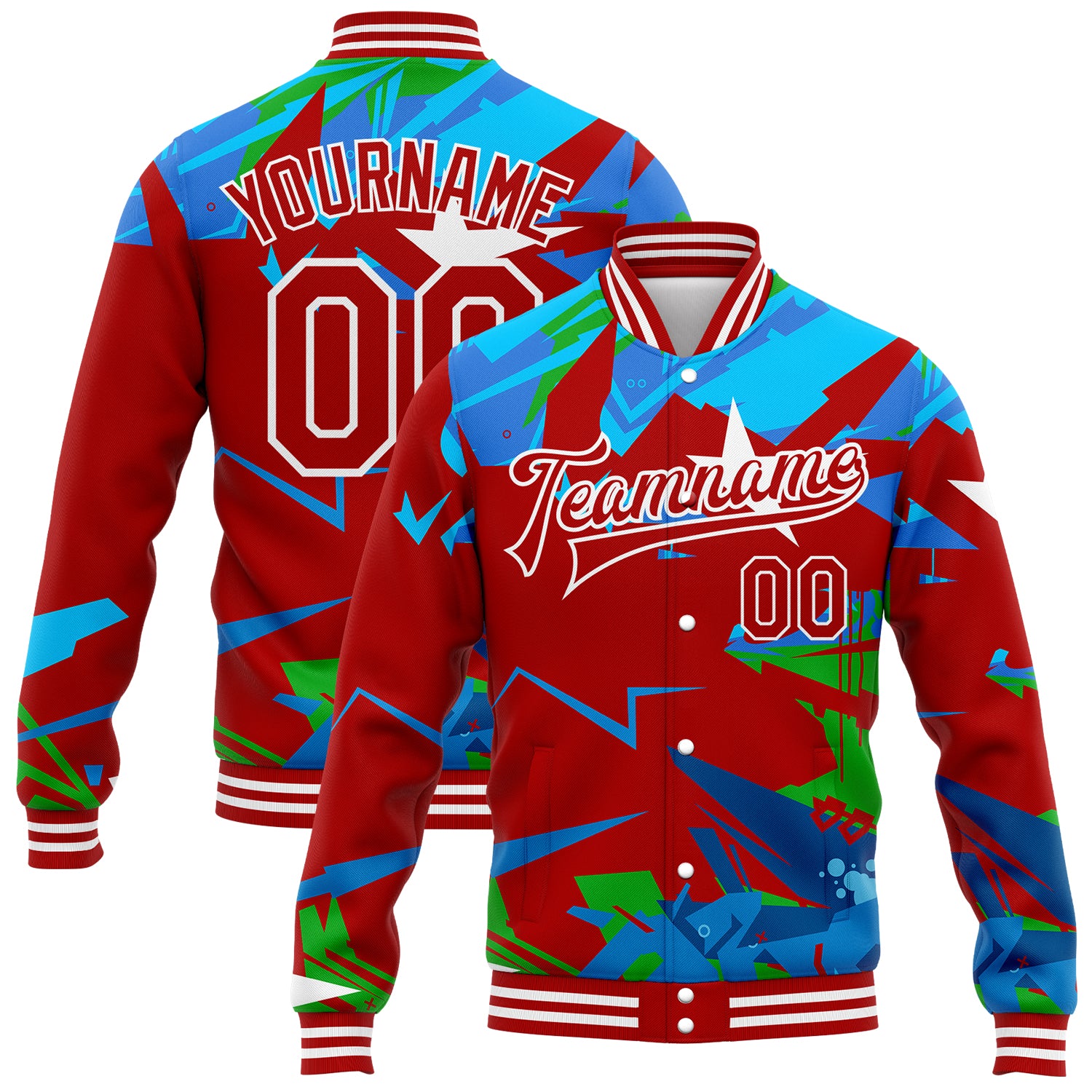 Custom Name Number 3D Bomber Jacket Urban Street Art Red White Graffiti Hiphop Abstract Full-Snap Varsity Letterman Personalized