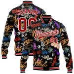 Custom Graffiti Pattern Bomber Jacket for Hiphop Urban Street Art Red-White 3D Full-Snap Varsity Letterman with Team Name & Number