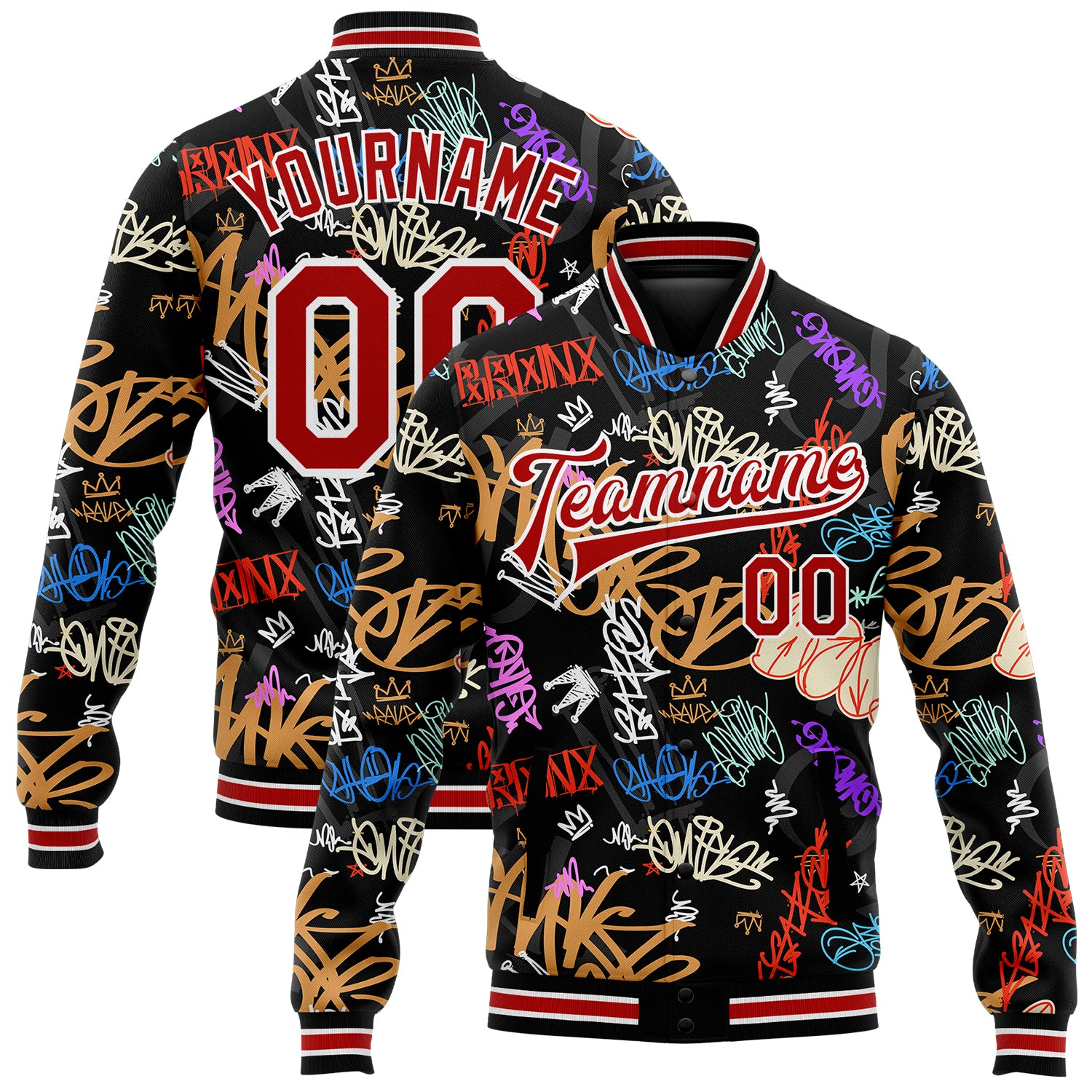 Custom Graffiti Pattern Bomber Jacket for Hiphop Urban Street Art Red-White 3D Full-Snap Varsity Letterman with Team Name & Number