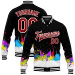 Custom Name Number Varsity Letterman Jacket Red-White Graffiti Pattern 3D Bomber Style Full-Snap Design Personalized Graffiti