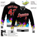 Custom Name Number Varsity Letterman Jacket Red-White Graffiti Pattern 3D Bomber Style Full-Snap Design Personalized Graffiti