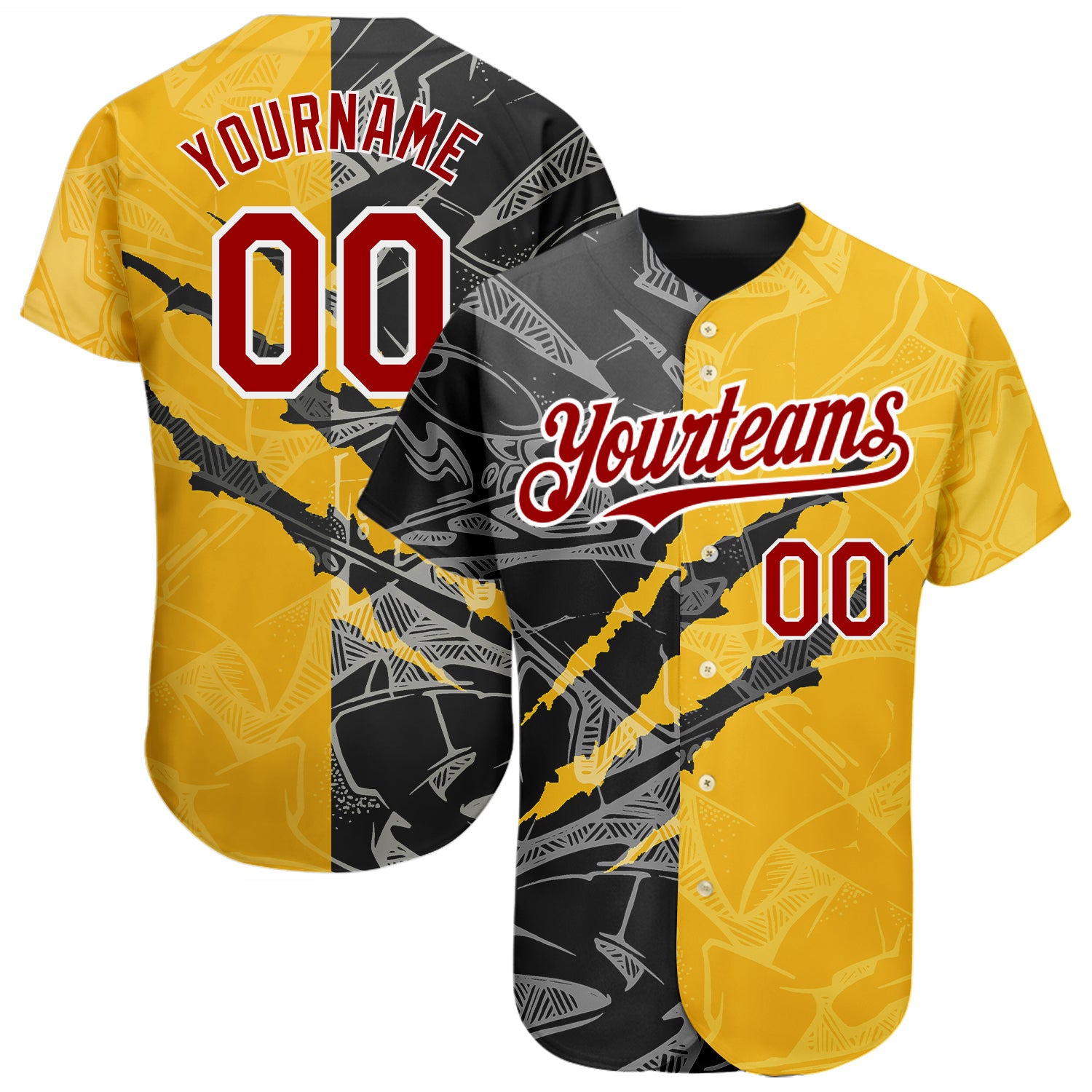 Custom Personalized 3D Scratch Baseball Jersey Graffiti Pattern Red Yellow Black with Team Name and Number Personalized Graffiti