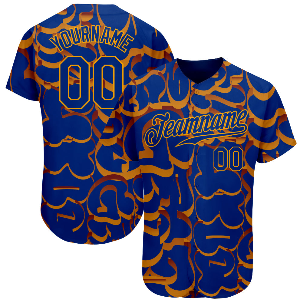 Personalized Graffiti Pattern Baseball Jersey with Custom Name and Number - Royal-Gold 3D Authentic Team Apparel Personalized