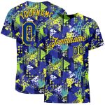 Custom Personalized Graffiti Pattern T-Shirt with Royal-Gold 3D Geometric Triangles and Dots, Team Name and Number Personalized