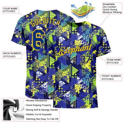 Custom Personalized Graffiti Pattern T-Shirt with Royal-Gold 3D Geometric Triangles and Dots, Team Name and Number Personalized
