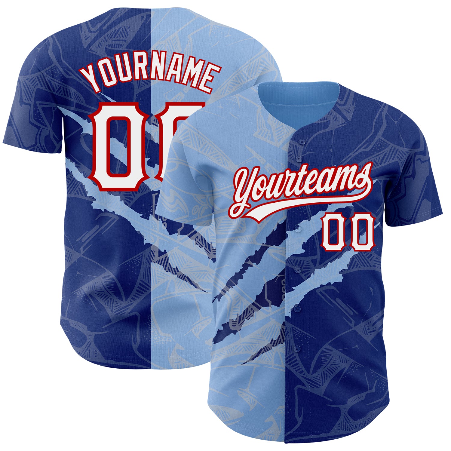 Custom Name and Number Baseball Jersey | Personalized 3D Graffiti Pattern in Royal Light Blue and Red Personalized Graffiti
