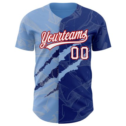 Custom Name and Number Baseball Jersey | Personalized 3D Graffiti Pattern in Royal Light Blue and Red Personalized Graffiti