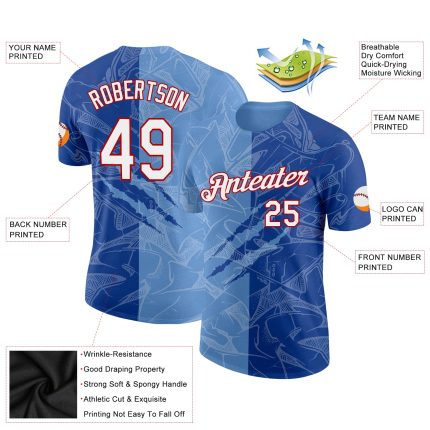 Custom Name and Number Personalized Graffiti Pattern T-Shirt in Royal Light Blue and Red, 3D Performance Design Personalized