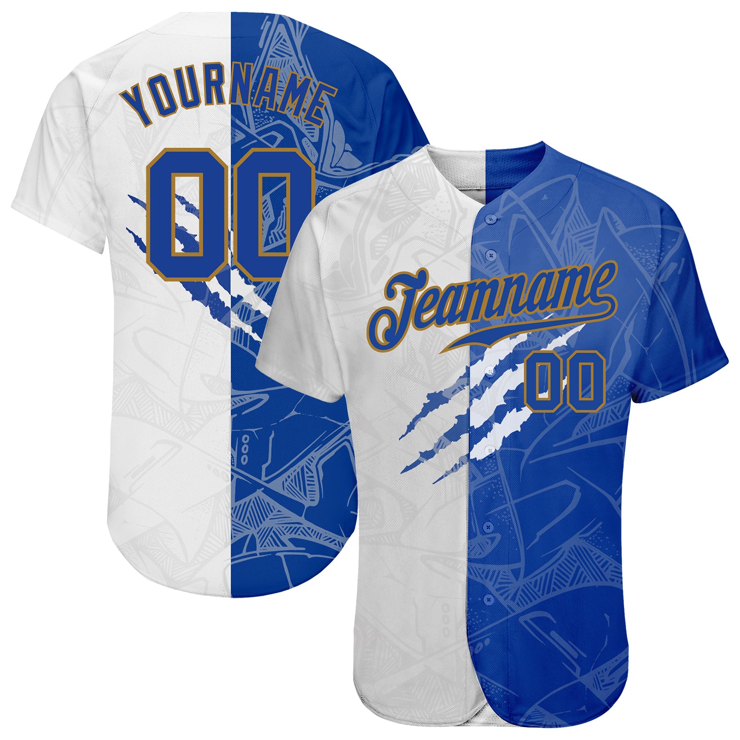 Personalized Graffiti Pattern Baseball Jersey with Custom Name and Number - Royal-Old Gold 3D Authentic Team Jersey Personalized