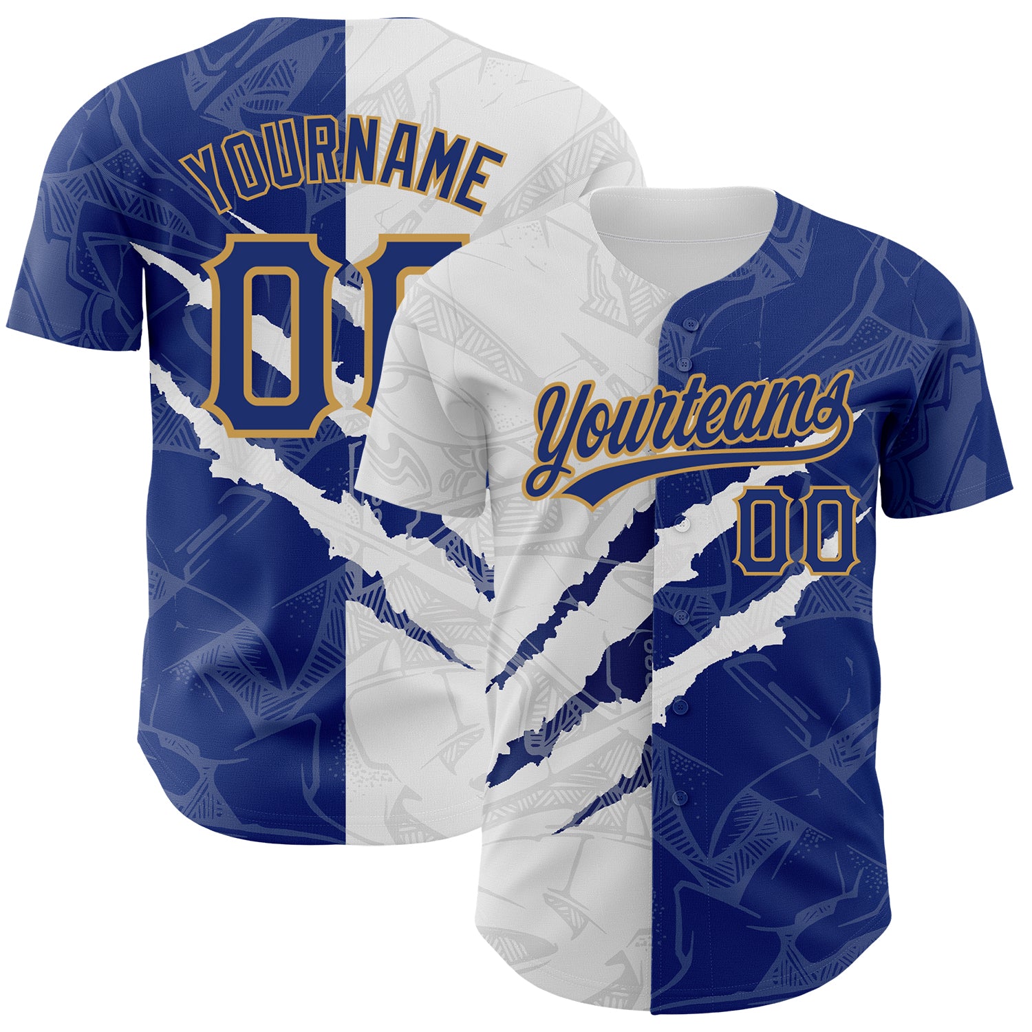 Custom Name and Number 3D Baseball Jersey - Personalized Graffiti Pattern Royal-Old Gold Authentic Team Gear Personalized