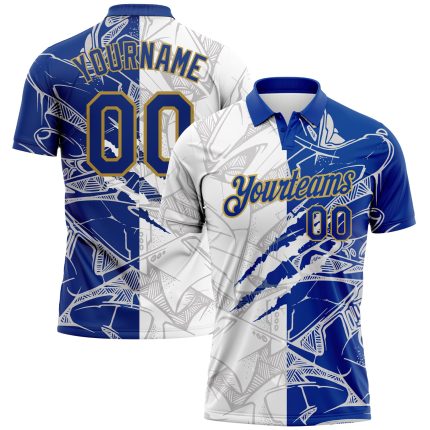 Custom Name and Number Personalized Graffiti Performance Golf Polo Shirt in Royal-Old Gold, 3D Scratch Design Personalized