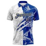 Custom Name and Number Personalized Graffiti Performance Golf Polo Shirt in Royal-Old Gold, 3D Scratch Design Personalized