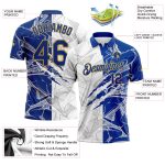 Custom Name and Number Personalized Graffiti Performance Golf Polo Shirt in Royal-Old Gold, 3D Scratch Design Personalized