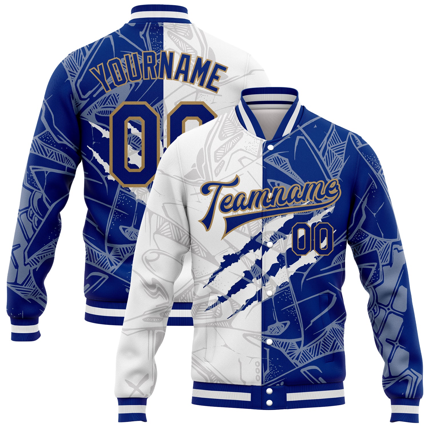 Custom Name Number Bomber Jacket 3D Varsity Letterman Royal-Old Gold Graffiti Pattern Full-Snap Design Personalized Graffiti