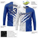 Custom Name and Number 3D Long Sleeve Performance T-Shirt in Royal-Old Gold Graffiti Pattern Personalized Graffiti Pattern