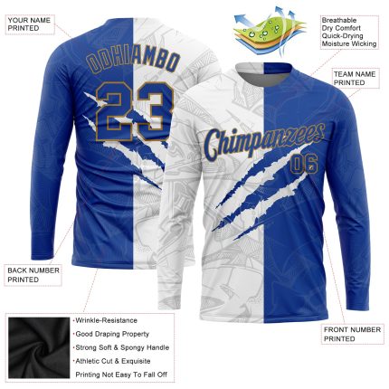 Custom Name and Number 3D Long Sleeve Performance T-Shirt in Royal-Old Gold Graffiti Pattern Personalized Graffiti Pattern