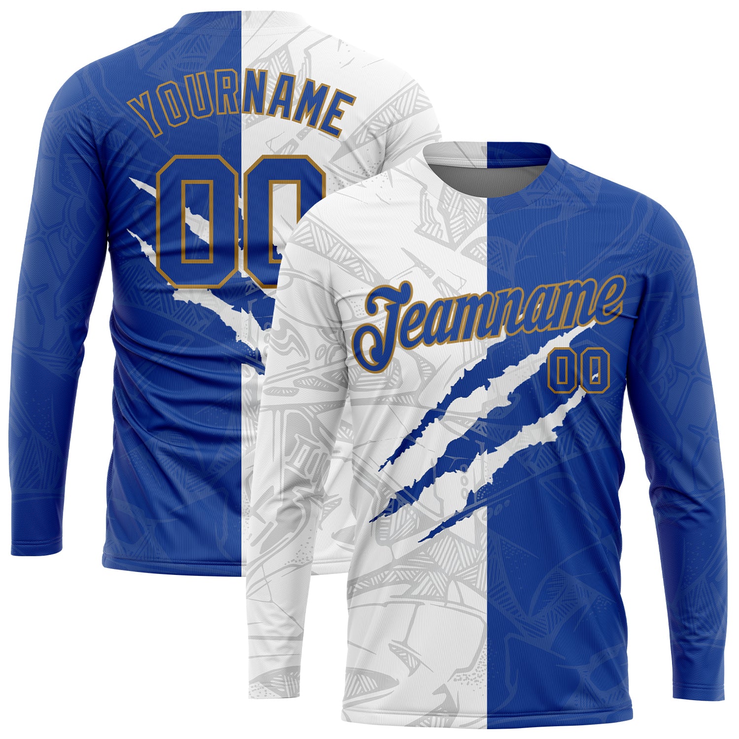 Custom Name and Number 3D Long Sleeve Performance T-Shirt in Royal-Old Gold Graffiti Pattern Personalized Graffiti Pattern