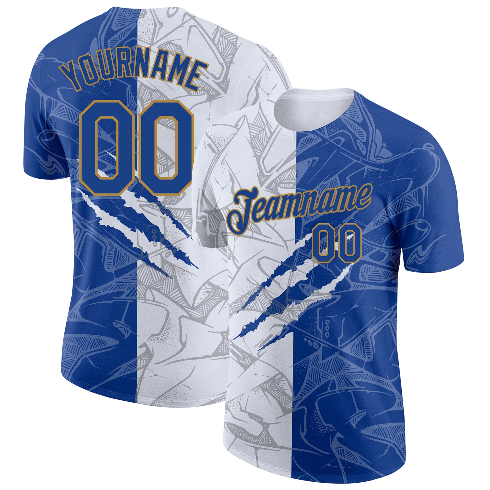 Custom Name and Number Personalized Graffiti Pattern 3D T-Shirt Royal-Old Gold Scratch Performance Gear Personalized Graffiti