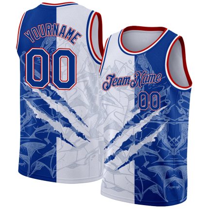 Personalized 3D Scratch Basketball Jersey with Custom Name and Number, Graffiti Pattern in Royal Red, Authentic Team Apparel