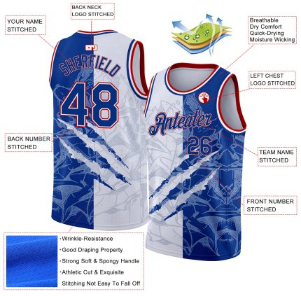 Personalized 3D Scratch Basketball Jersey with Custom Name and Number, Graffiti Pattern in Royal Red, Authentic Team Apparel