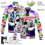 Custom Name and Number Personalized 3D Bomber Varsity Jacket with Graffiti Pattern and Royal-Red Splashes Personalized Graffiti