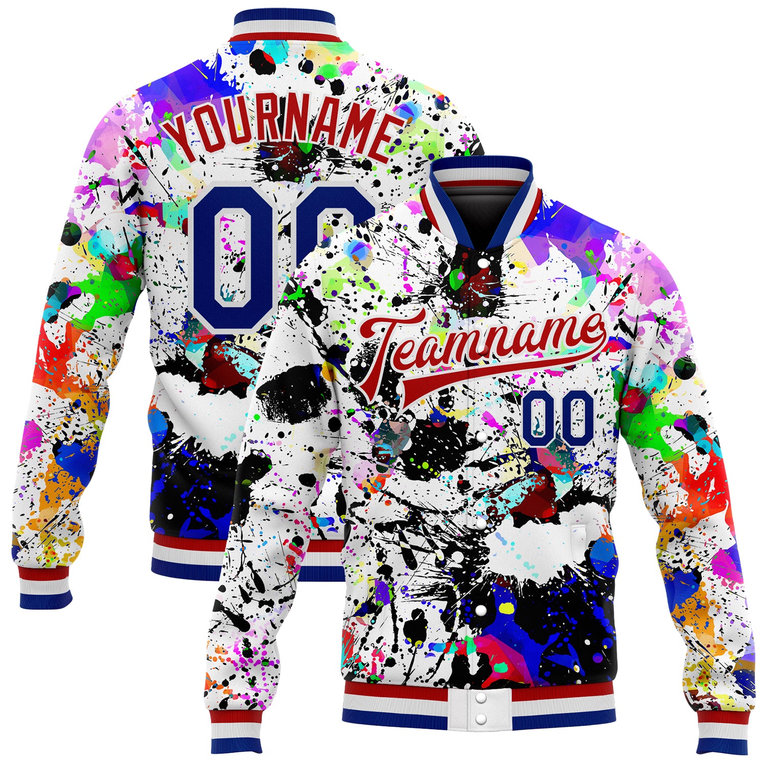Custom Name and Number Personalized 3D Bomber Varsity Jacket with Graffiti Pattern and Royal-Red Splashes Personalized Graffiti