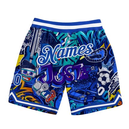 Custom Name and Number 3D Authentic Basketball Shorts - Personalized Graffiti Pattern Royal-White Personalized Graffiti Pattern