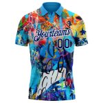 Personalized 3D Performance Golf Polo Shirt - Royal-White Graffiti Pattern Personalized Graffiti Pattern Royal-White 3D Performance