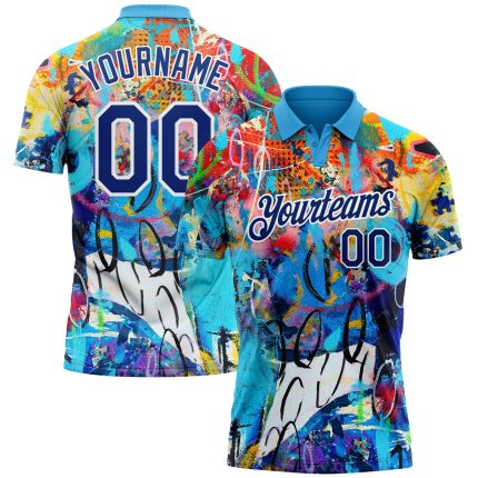 Personalized 3D Performance Golf Polo Shirt - Royal-White Graffiti Pattern Personalized Graffiti Pattern Royal-White 3D Performance