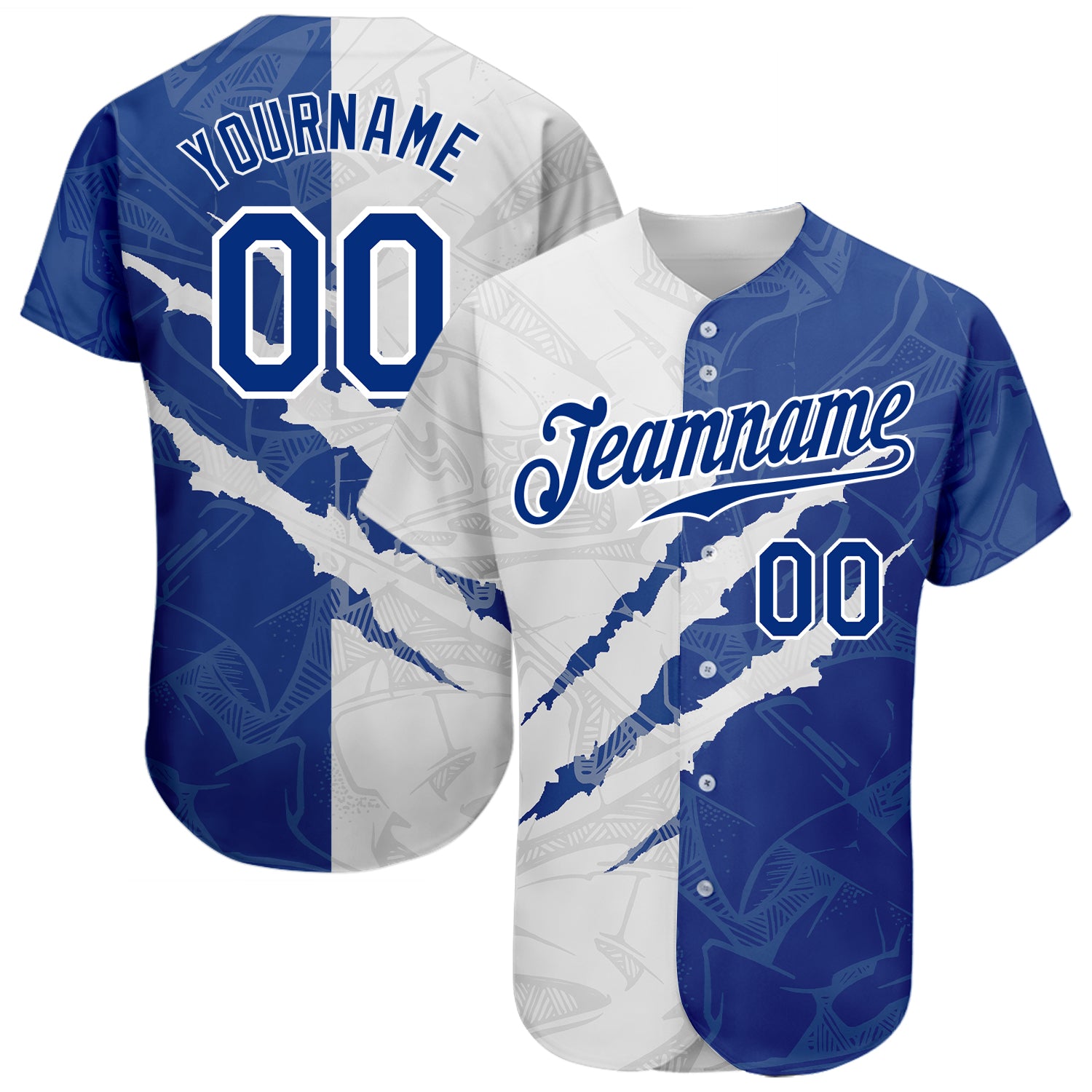 Personalized 3D Scratch Graffiti Pattern Baseball Jersey - Custom Team Name & Number in Royal-White Personalized Graffiti