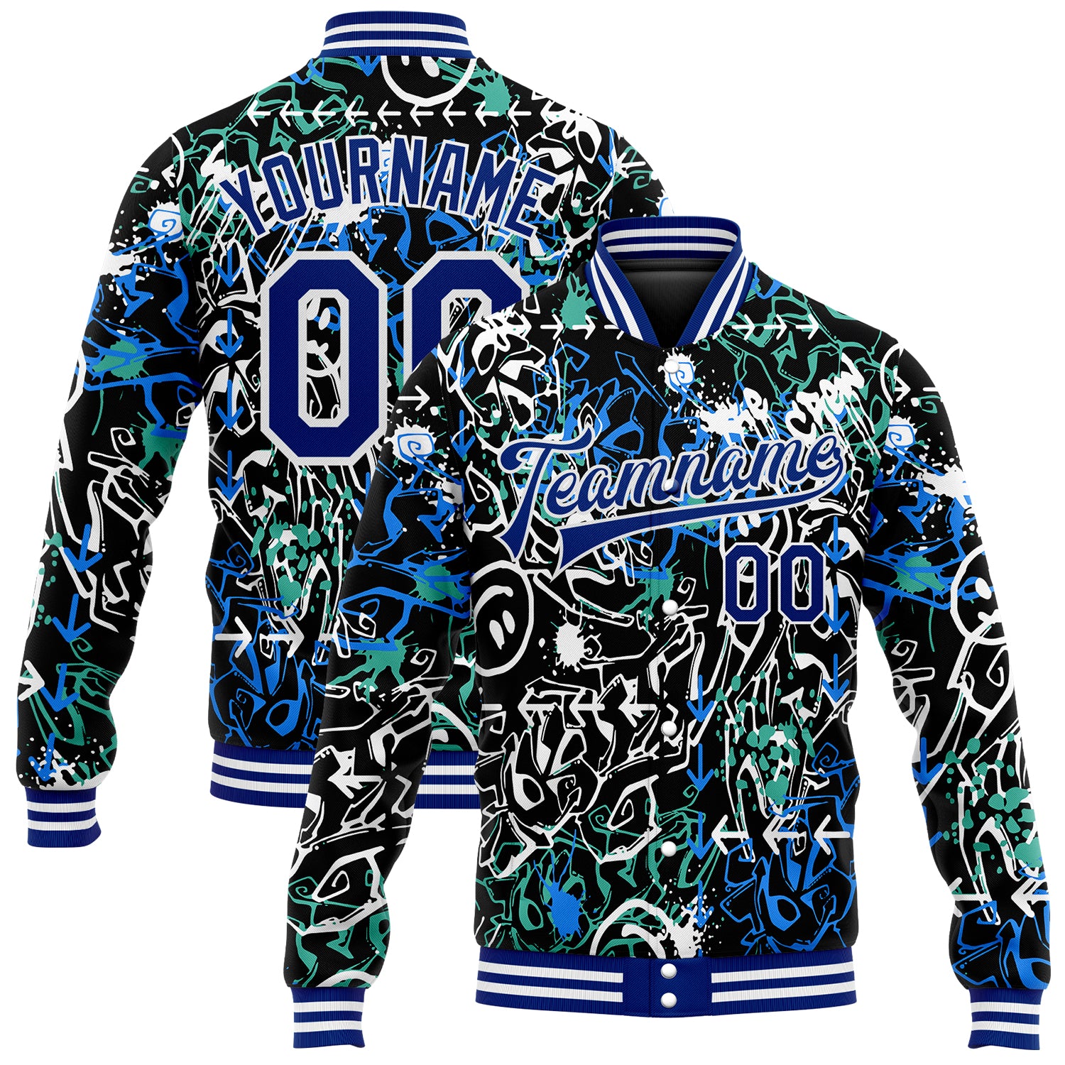 Custom Name Number Graffiti Pattern Bomber Jacket 3D Abstract Grunge Varsity Letterman Royal-White Design Personalized Graffiti