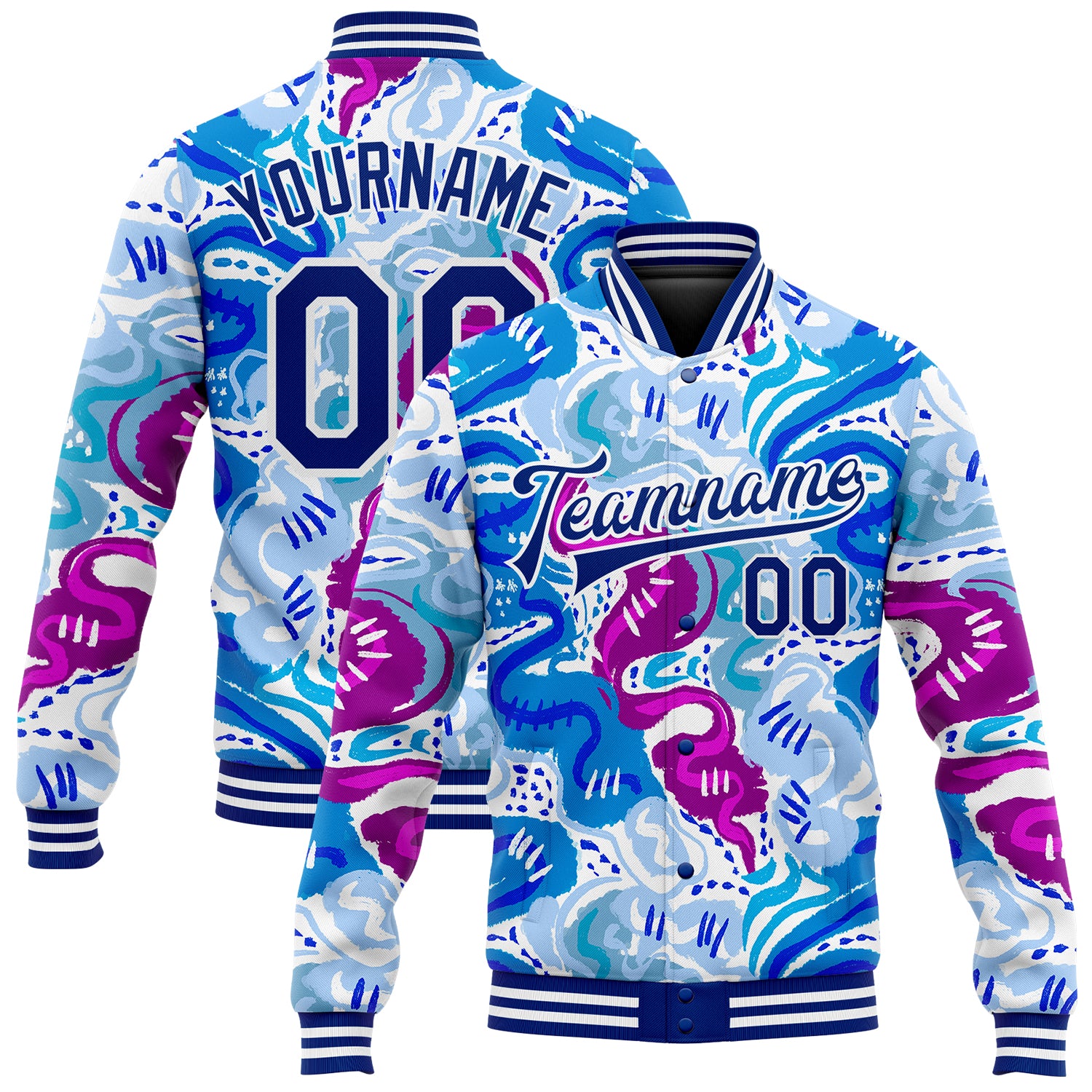 Custom Name and Number Personalized Graffiti Pattern Bomber Jacket 3D Abstract Royal-White Varsity Letterman Full-Snap Personalized
