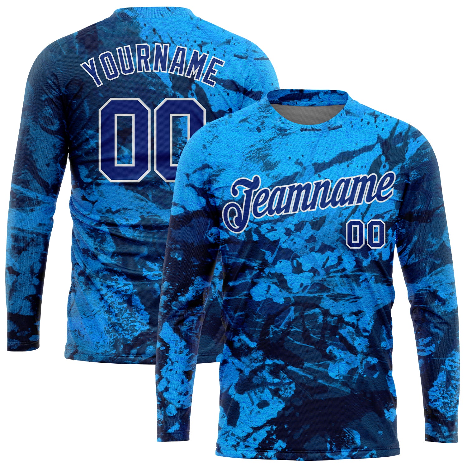 Custom Name and Number 3D Long Sleeve Performance T-Shirt - Personalized Graffiti Pattern Royal-White Abstract Ink Handmade Art