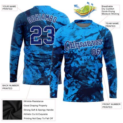 Custom Name and Number 3D Long Sleeve Performance T-Shirt - Personalized Graffiti Pattern Royal-White Abstract Ink Handmade Art