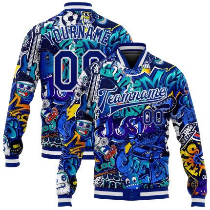 Custom Name & Number Urban Graffiti Pattern Bomber Jacket Royal-White 3D Full-Snap Varsity Letterman Style Street Art Personalized